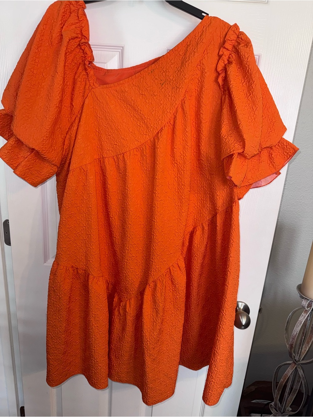 Simplee Apparel Bold Orange Puff Sleeve Tiered Mini Dress